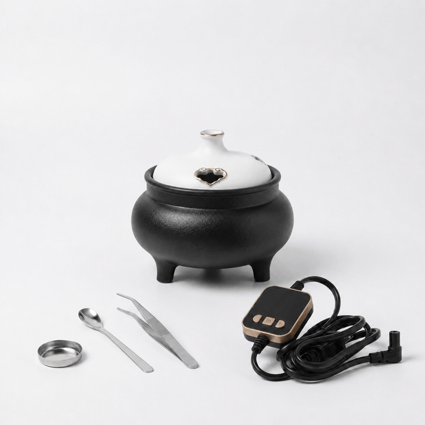 Large capacity ceramic electric incense burner gift set with timer controller, power cord, incense spoon, tweezers, and incense dish for flameless home fragrance.