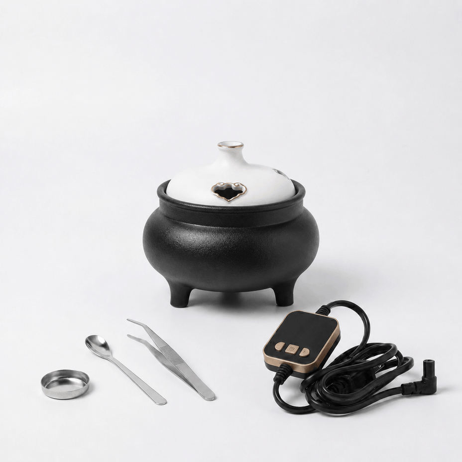 Large capacity ceramic electric incense burner gift set with timer controller, power cord, incense spoon, tweezers, and incense dish for flameless home fragrance.
