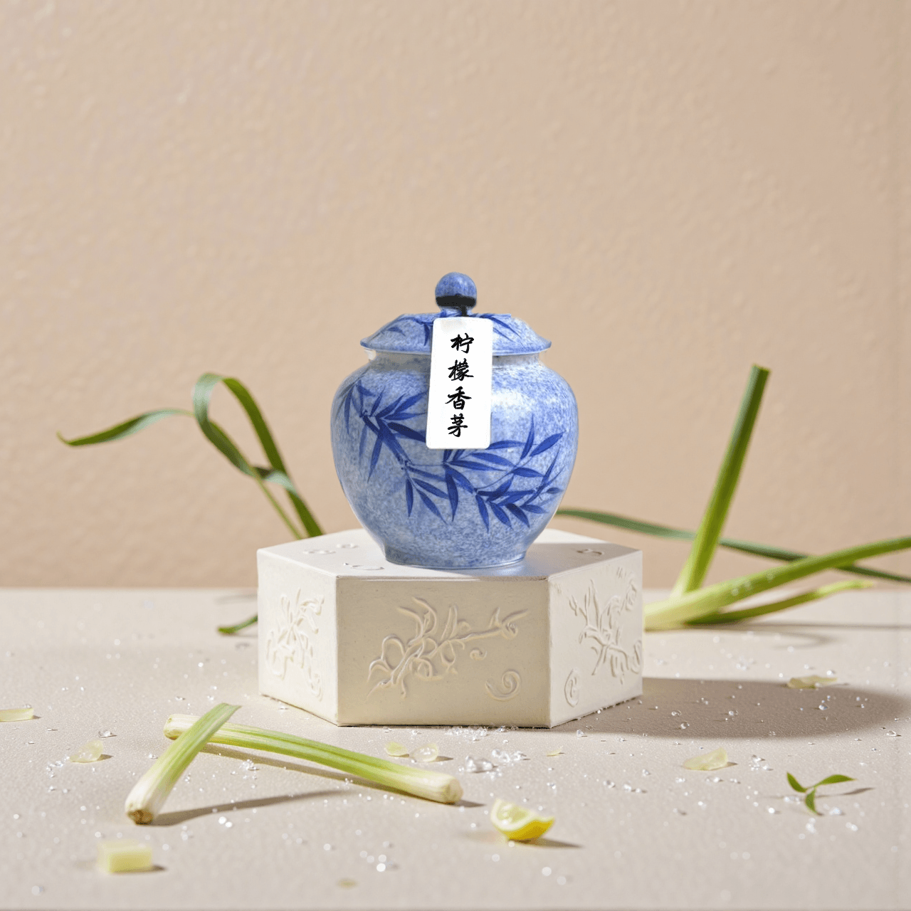 Lemongrass handcrafted natural incense powder in a blue ceramic jar, made from pure dried lemongrass.