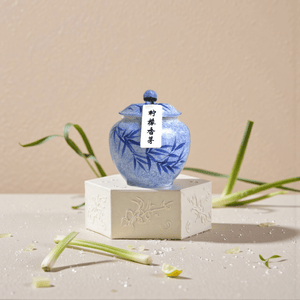 Lemongrass handcrafted natural incense powder in a blue ceramic jar, made from pure dried lemongrass.