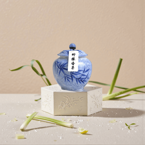 Lemongrass handcrafted natural incense powder in a blue ceramic jar, made from pure dried lemongrass.