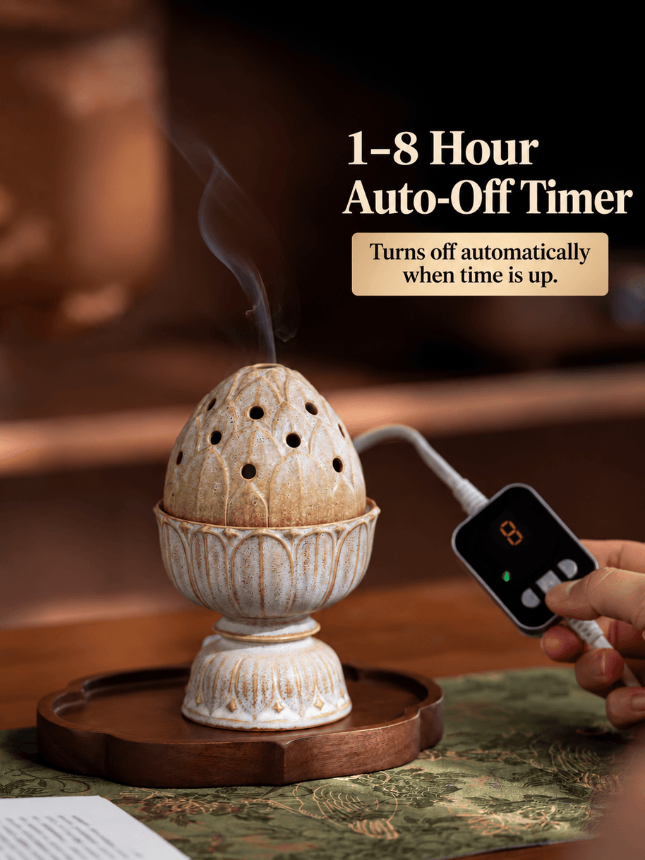 Hand setting the lotus electric incense burner timer to 8 hours; adjustable auto off range is 1 to 8 hours.