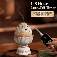 Hand setting the lotus electric incense burner timer to 8 hours; adjustable auto off range is 1 to 8 hours.