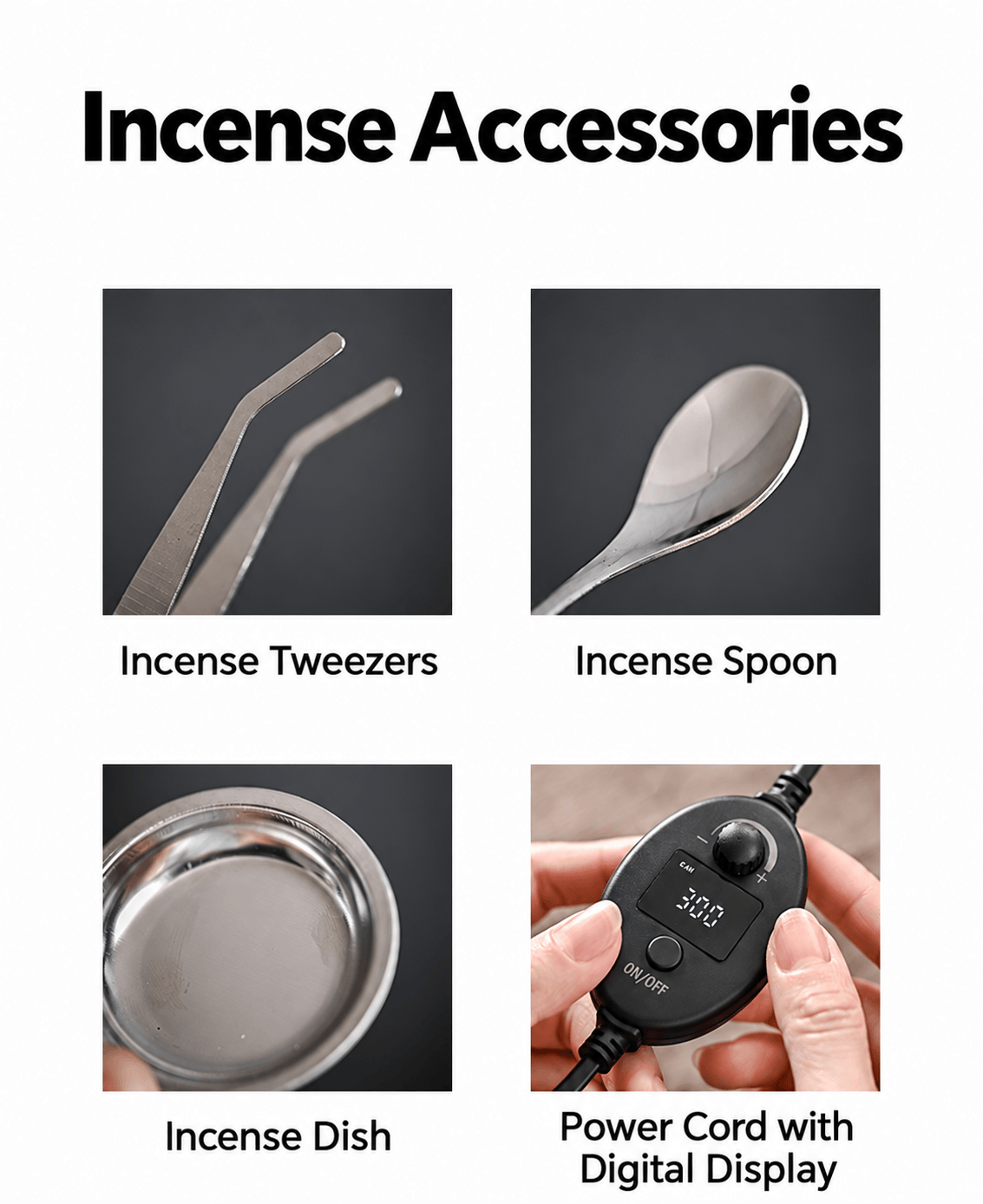 Accessories for the lotus electric incense burner: incense tweezers, spoon, metal dish and power cord with digital controller.