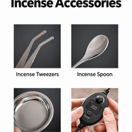 Accessories for the lotus electric incense burner: incense tweezers, spoon, metal dish and power cord with digital controller.