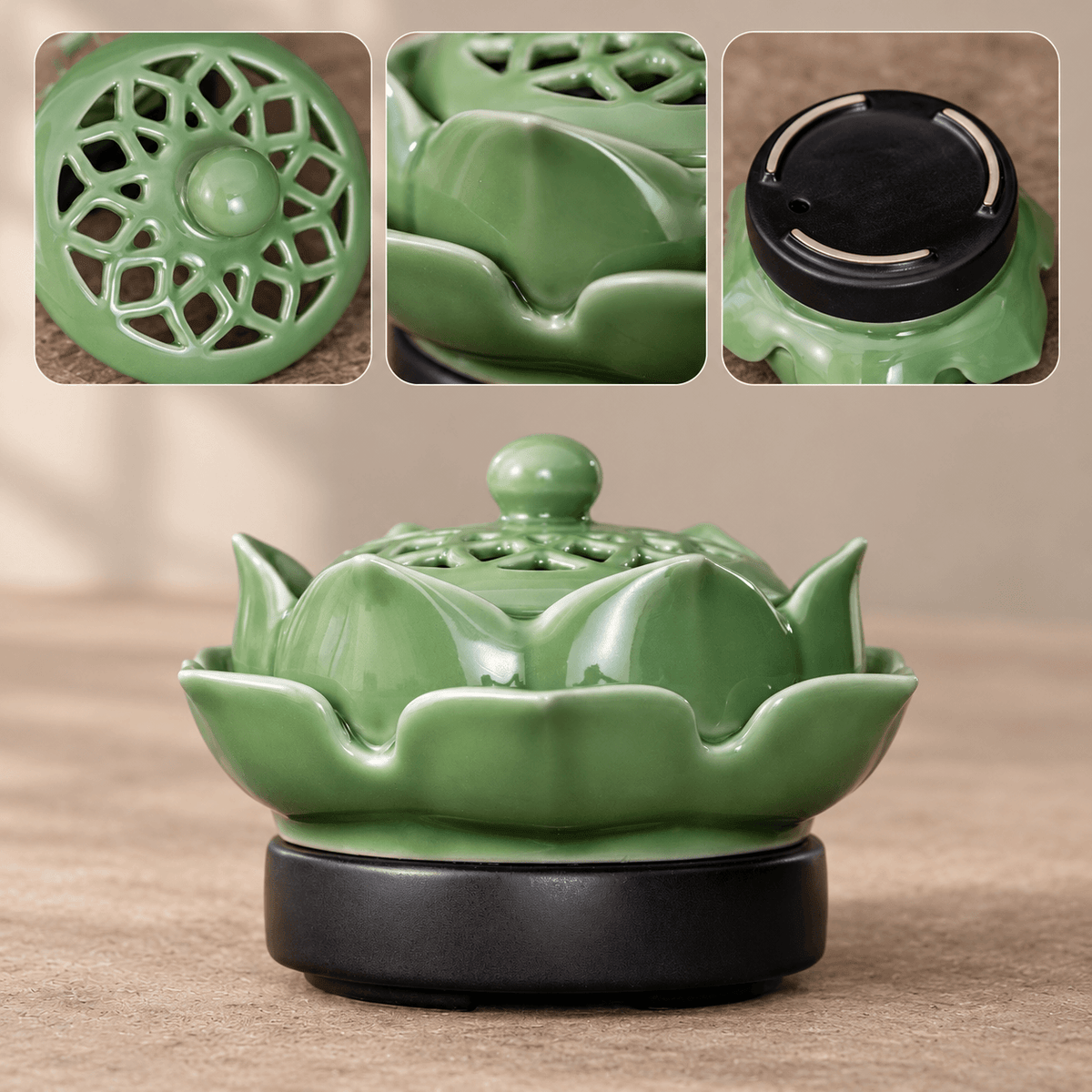 Green lotus electric incense burner with close views of its patterned ceramic lid, glossy petals and underside of the base.