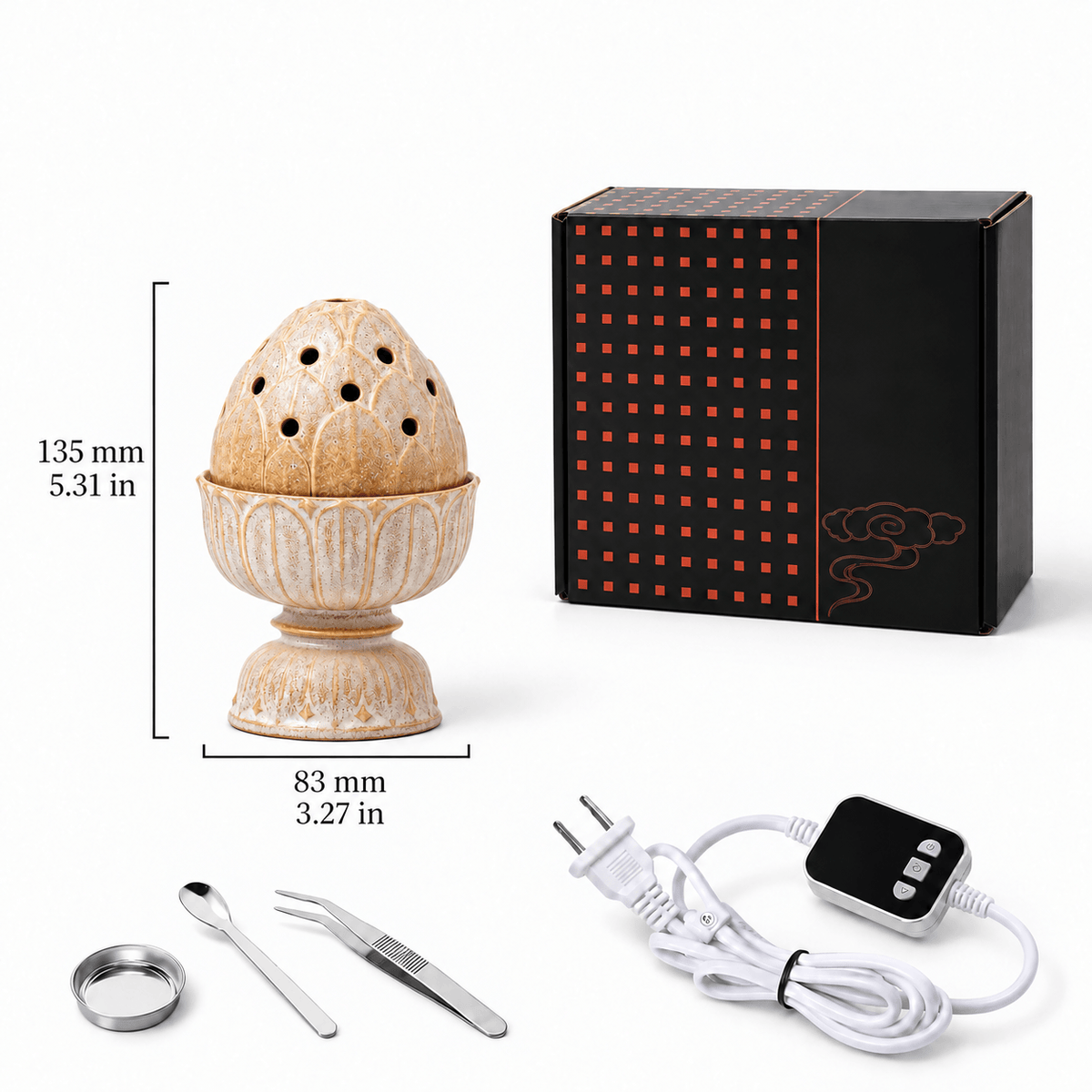 Beige lotus electric incense burner, 135 mm (5.31 in) tall and 83 mm (3.27 in) wide, with box, controller, power cord, metal dish, spoon and tweezers.