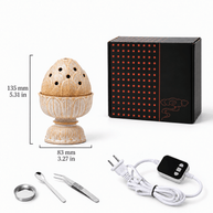 Beige lotus electric incense burner, 135 mm (5.31 in) tall and 83 mm (3.27 in) wide, with box, controller, power cord, metal dish, spoon and tweezers.