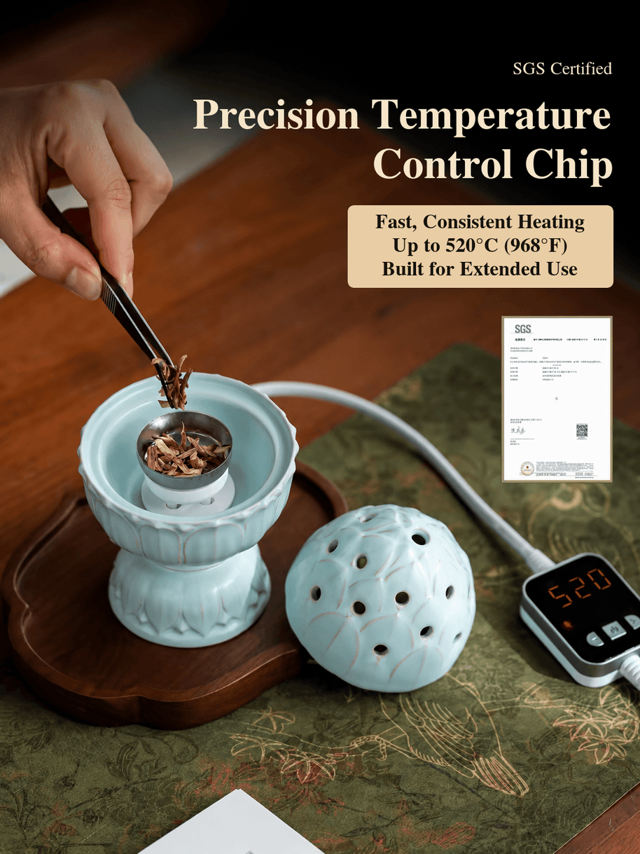 Tweezers placing incense chips in the metal dish of an open pale blue lotus burner, beside its lid and 520°C controller.