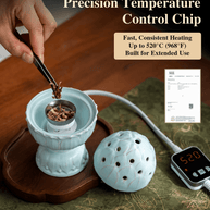Tweezers placing incense chips in the metal dish of an open pale blue lotus burner, beside its lid and 520°C controller.