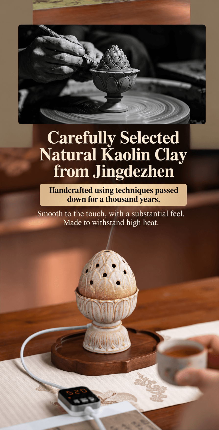 Jingdezhen kaolin clay craftsmanship graphic with an artisan shaping ceramic and a beige lotus electric burner on a tea table.