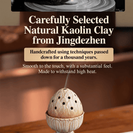 Jingdezhen kaolin clay craftsmanship graphic with an artisan shaping ceramic and a beige lotus electric burner on a tea table.