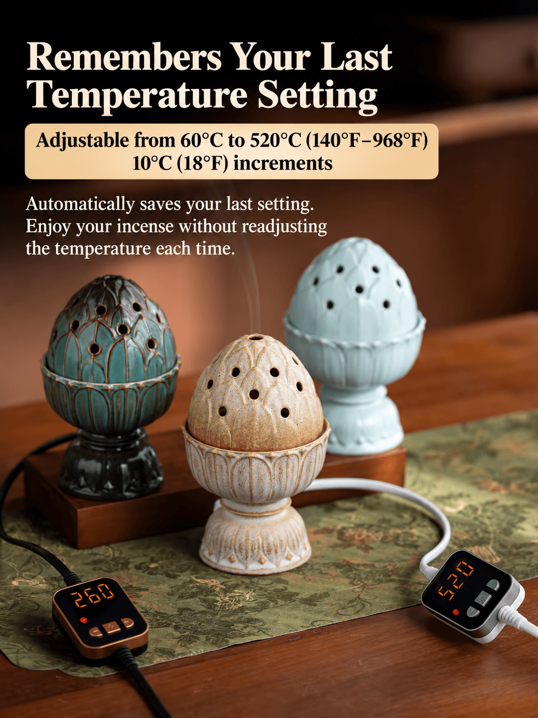 Three lotus electric incense burners illustrating temperature memory and adjustable heat from 60 to 520°C in 10°C steps.