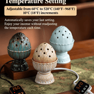 Three lotus electric incense burners illustrating temperature memory and adjustable heat from 60 to 520°C in 10°C steps.