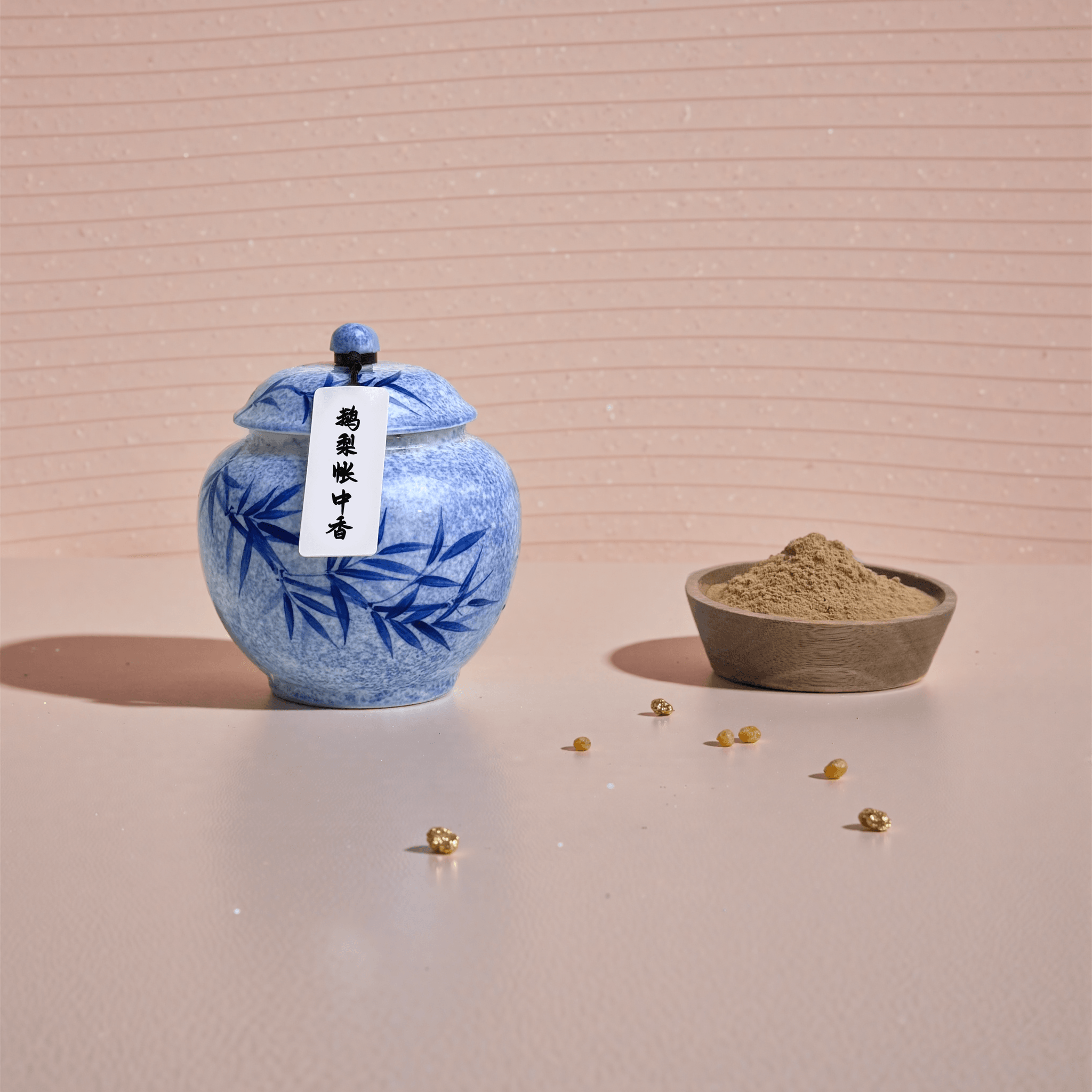 Midnight Pear handcrafted natural incense powder shown in a blue ceramic jar, with a small bowl displaying the fine powdered texture for aromatherapy and meditation.