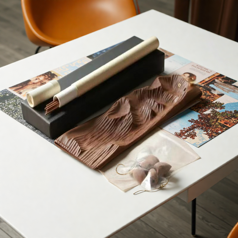 Wooden Mountain Mist incense holder with gift box contents arranged on table, including incense sticks, cones.