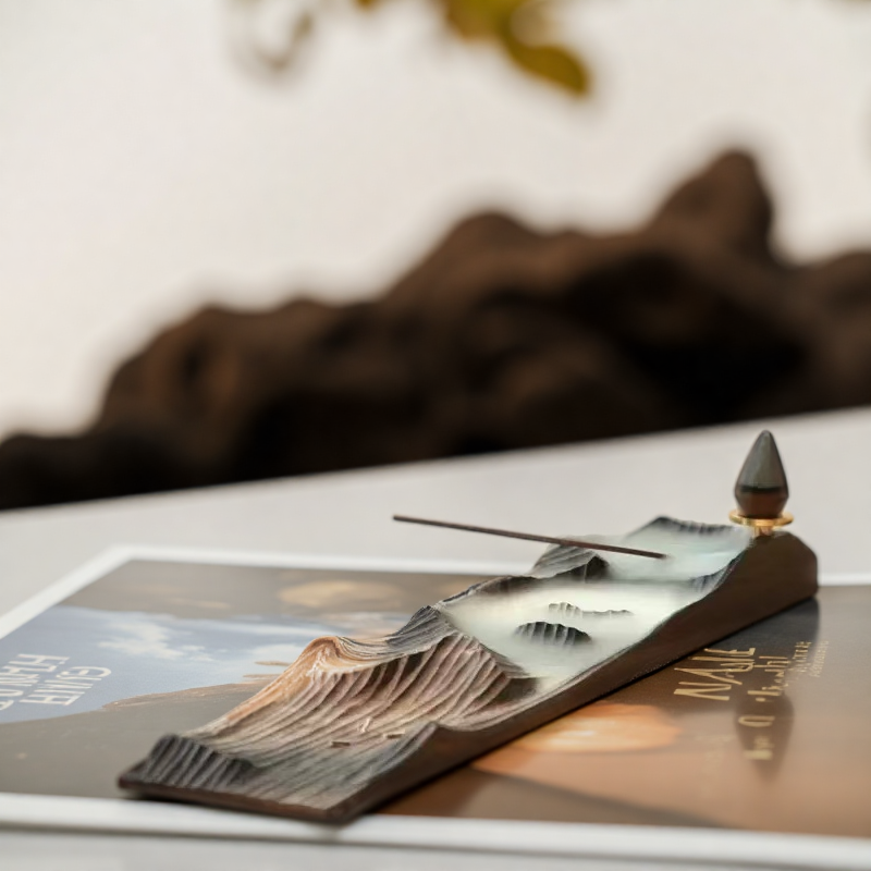  Mountain Mist Incense Set featuring a hand-carved wooden holder with backflow cone and incense stick in use, styled on a tabletop with natural lighting