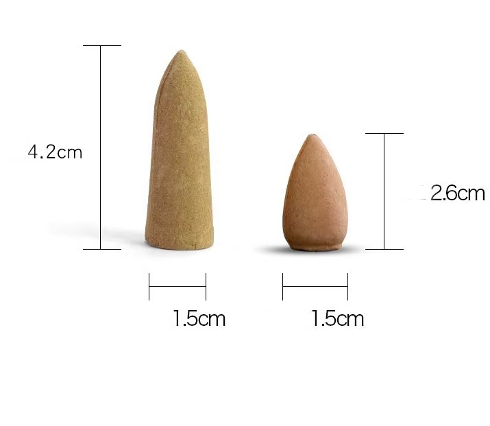 Two natural incense cones shown with labeled dimensions in centimeters