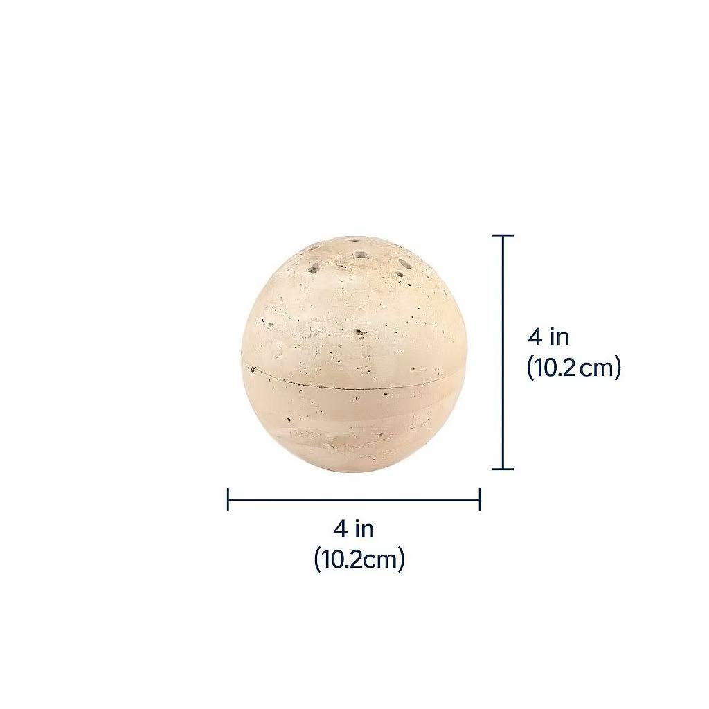 Natural travertine incense burner shown with dimensions 4 inches (10.2 cm) in diameter, minimal white background