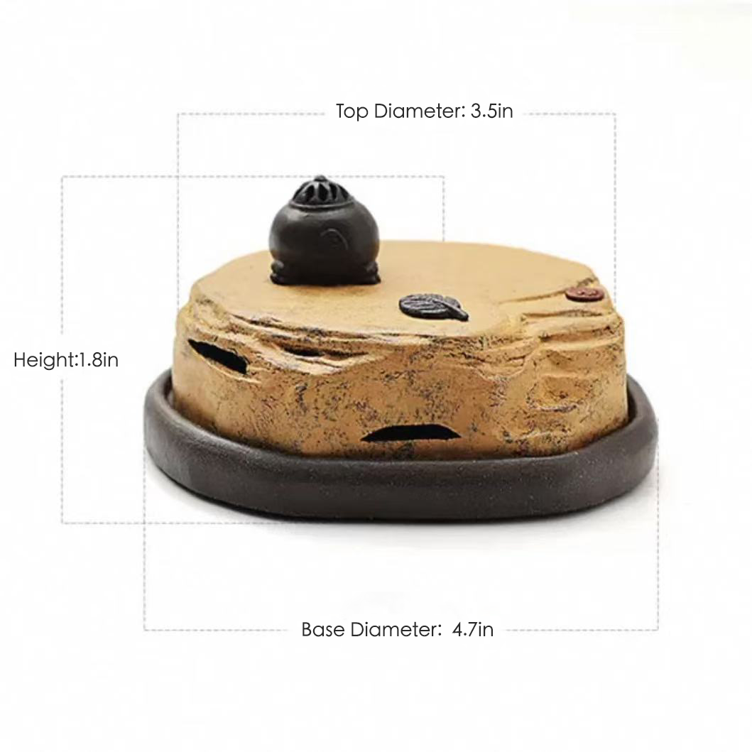 Side view of purple clay incense burner with labeled dimensions: base diameter 4.7in, top diameter 3.5in, height 1.8in