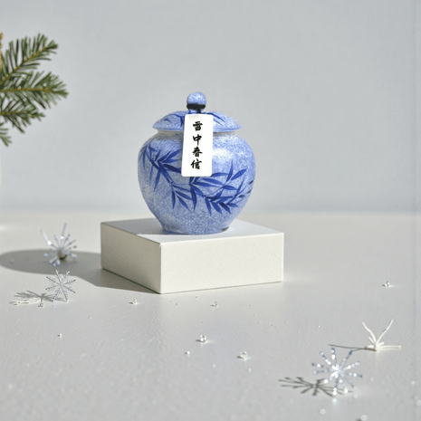SnowSpring botanical incense powder in blue-white ceramic jar with pine motif, displayed on white pedestal with snowflake props