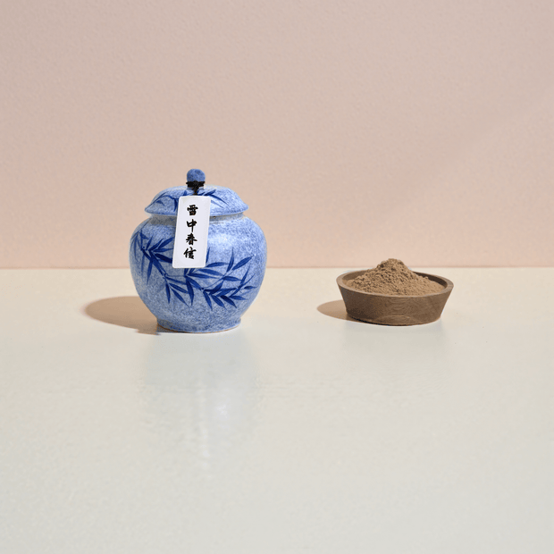 SnowSpring natural handcrafted incense powder in a hand-painted ceramic jar, made with botanical ingredients for meditation or daily ritual use