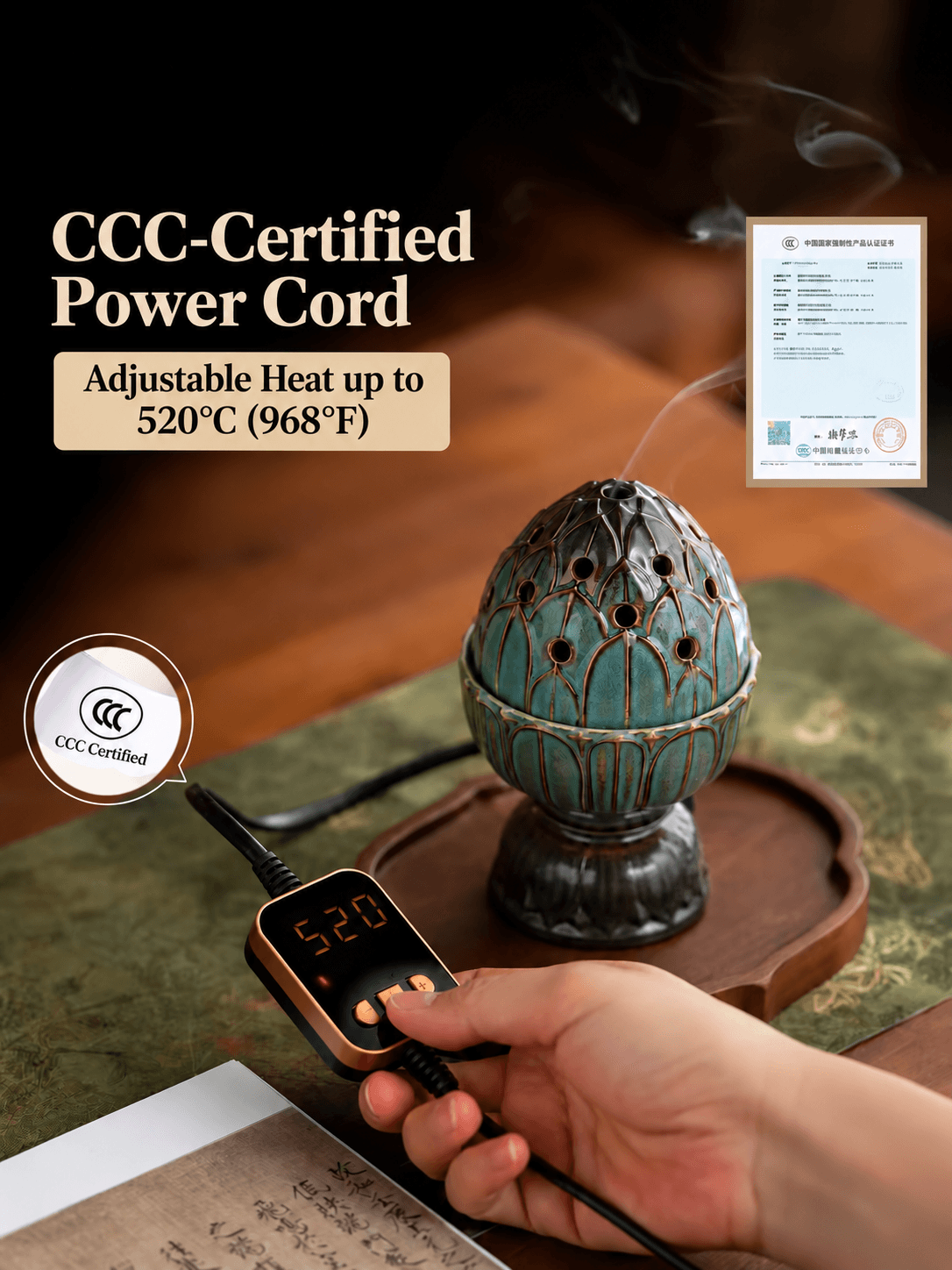 Teal lotus electric incense burner with controller showing 520°C; graphic highlights the CCC certified power cord.