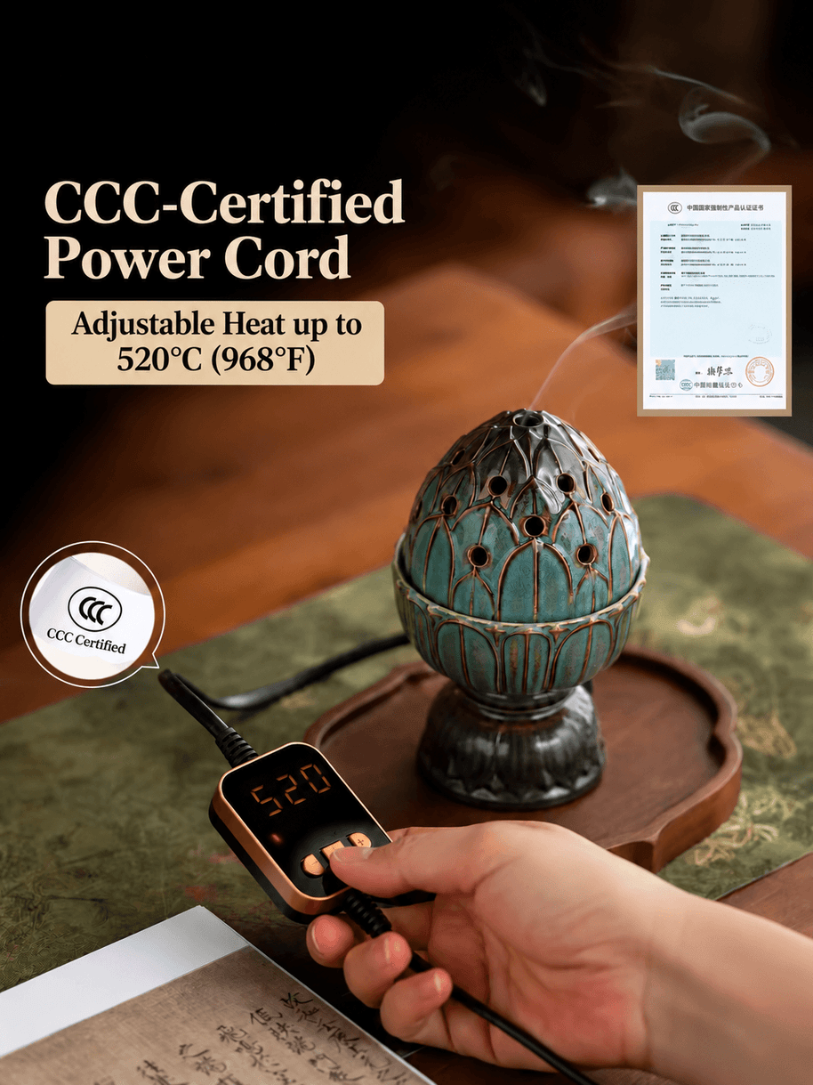 Teal lotus electric incense burner with controller showing 520°C; graphic highlights the CCC certified power cord.