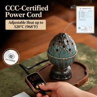 Teal lotus electric incense burner with controller showing 520°C; graphic highlights the CCC certified power cord.