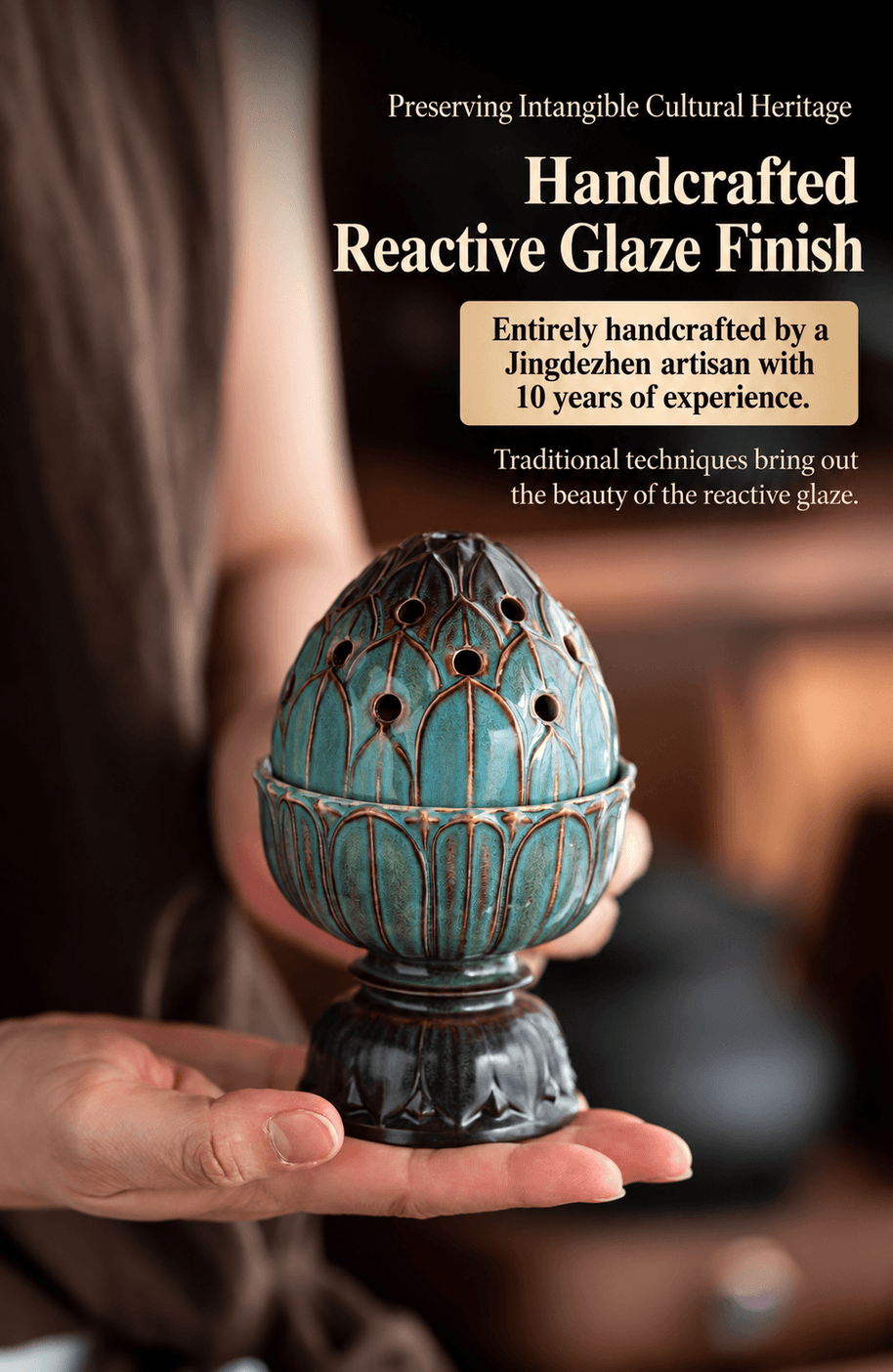 Hands holding a teal lotus ceramic incense burner, showing its reactive glaze, outlined petals and dark pedestal base.