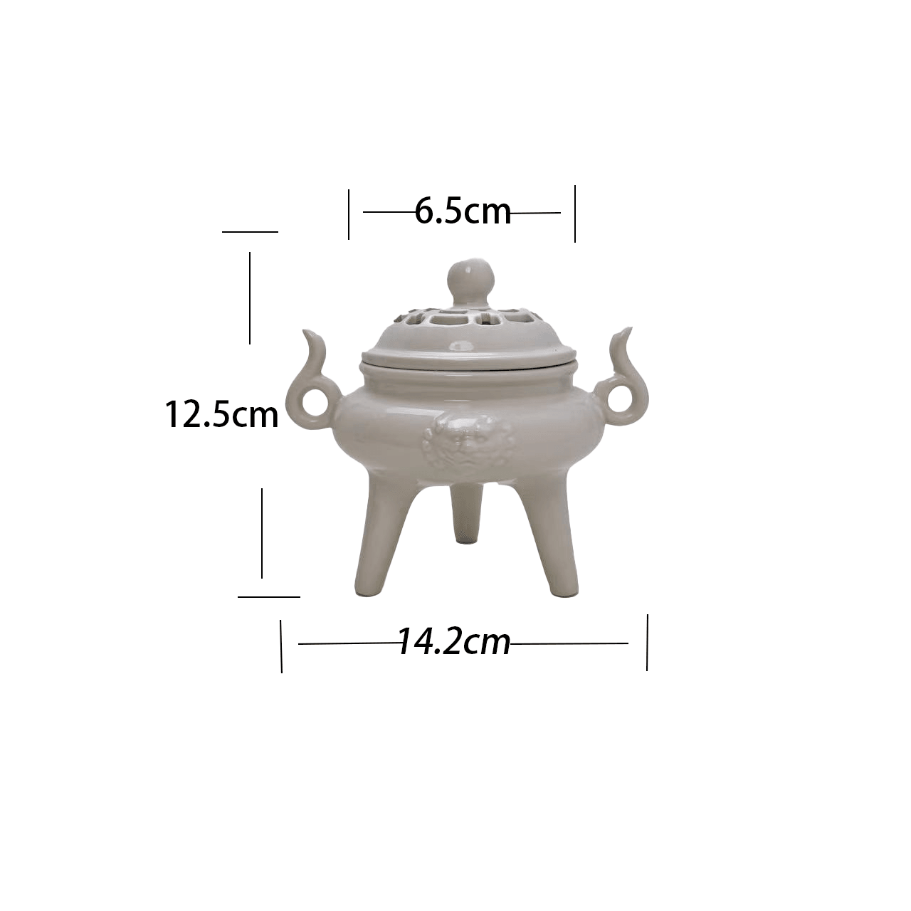 Size chart of antique-style ceramic incense burner with three-legged design; height 12.5cm, width 14.2cm, lid diameter 6.5cm on white background.