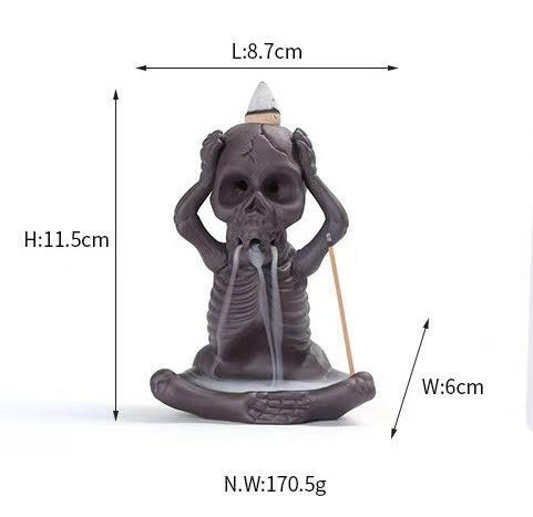 Skeleton incense burner size chart – Height: 11.5cm, Width: 6cm, Length: 8.7cm, Net
