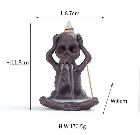 Skeleton incense burner size chart – Height: 11.5cm, Width: 6cm, Length: 8.7cm, Net