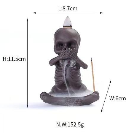 Skeleton incense burner size chart – Height: 11.5cm, Width: 6cm, Length: 8.7cm, Net weight: 152.5g.