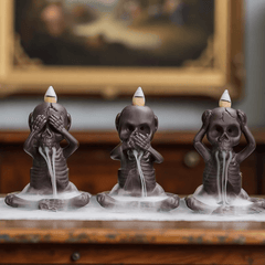Three Wise Skeletons Backflow Incense Burners – Hear No Evil, See No Evil, Speak No Evil Set