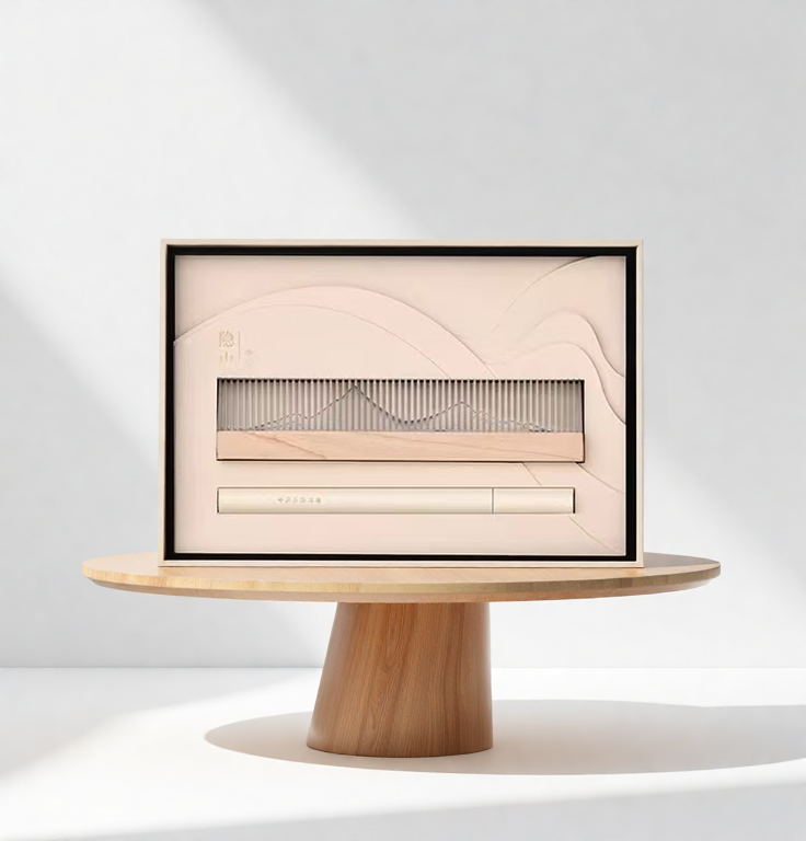 Transparent landscape incense burner set in a cream-colored gift box with acrylic burner and wooden base, placed on a round wooden pedestal
