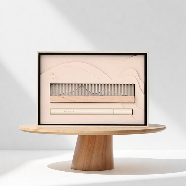 Transparent landscape incense burner set in a cream-colored gift box with acrylic burner and wooden base, placed on a round wooden pedestal