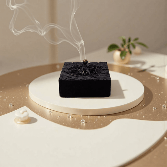 Vintage black ebony incense burner in use, with smoke rising from the top, placed on ceramic plate in a peaceful indoor setting
