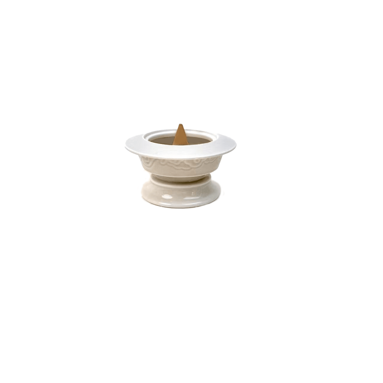 White Suanni incense burner with cone incense placed inside, showing functional setup for burning incense on white background
