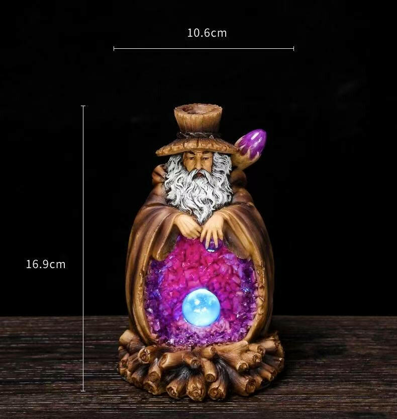 Size chart of wizard backflow incense burner showing height 16.9 cm and width 10.6 cm