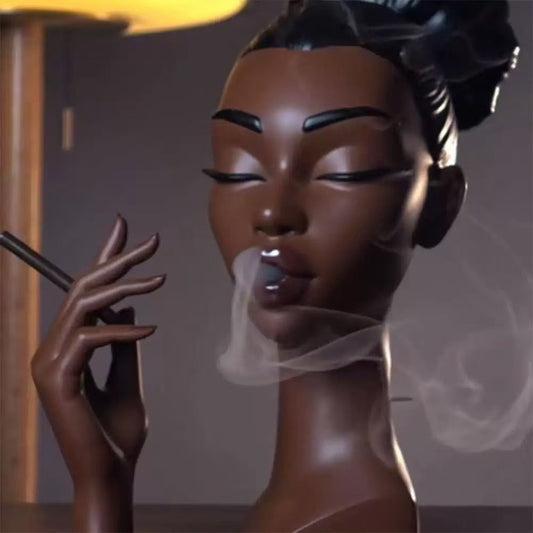 Close-up of elegant black woman backflow incense burner with smoke flowing from mouth and incense stick – serene home decor sculpture