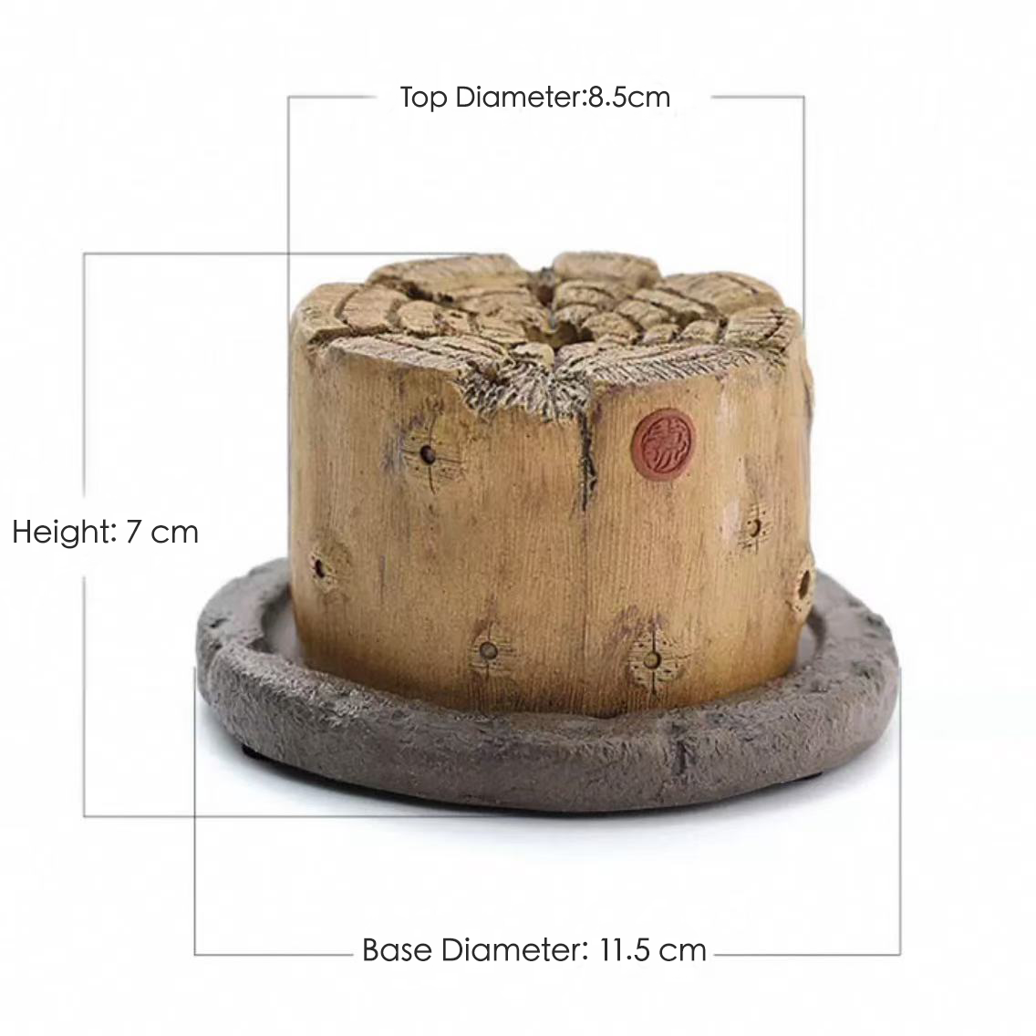Size diagram showing wood-stump incense burner with dimensions: 8.5 cm top diameter, 11.5 cm base diameter, 7 cm height