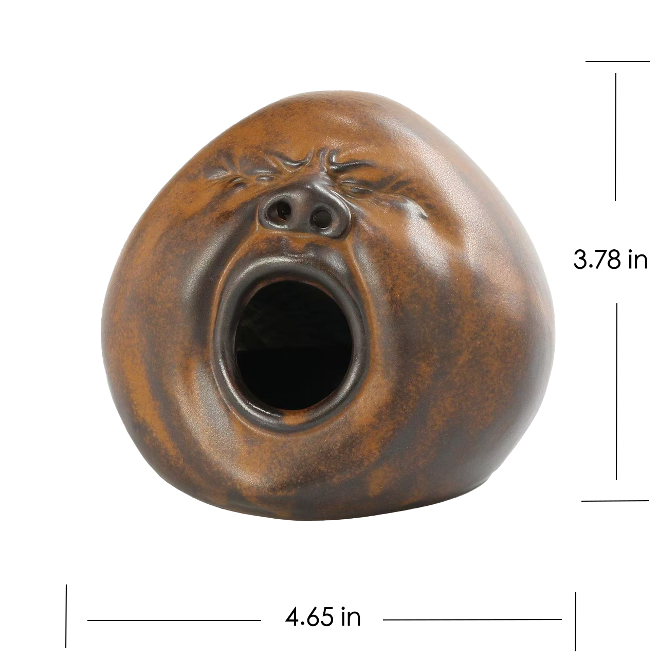 Front view of a handmade brown-glazed ceramic incense burner shaped like a yawning face, shown with dimensions 4.65 in wide and 3.78 in tall.