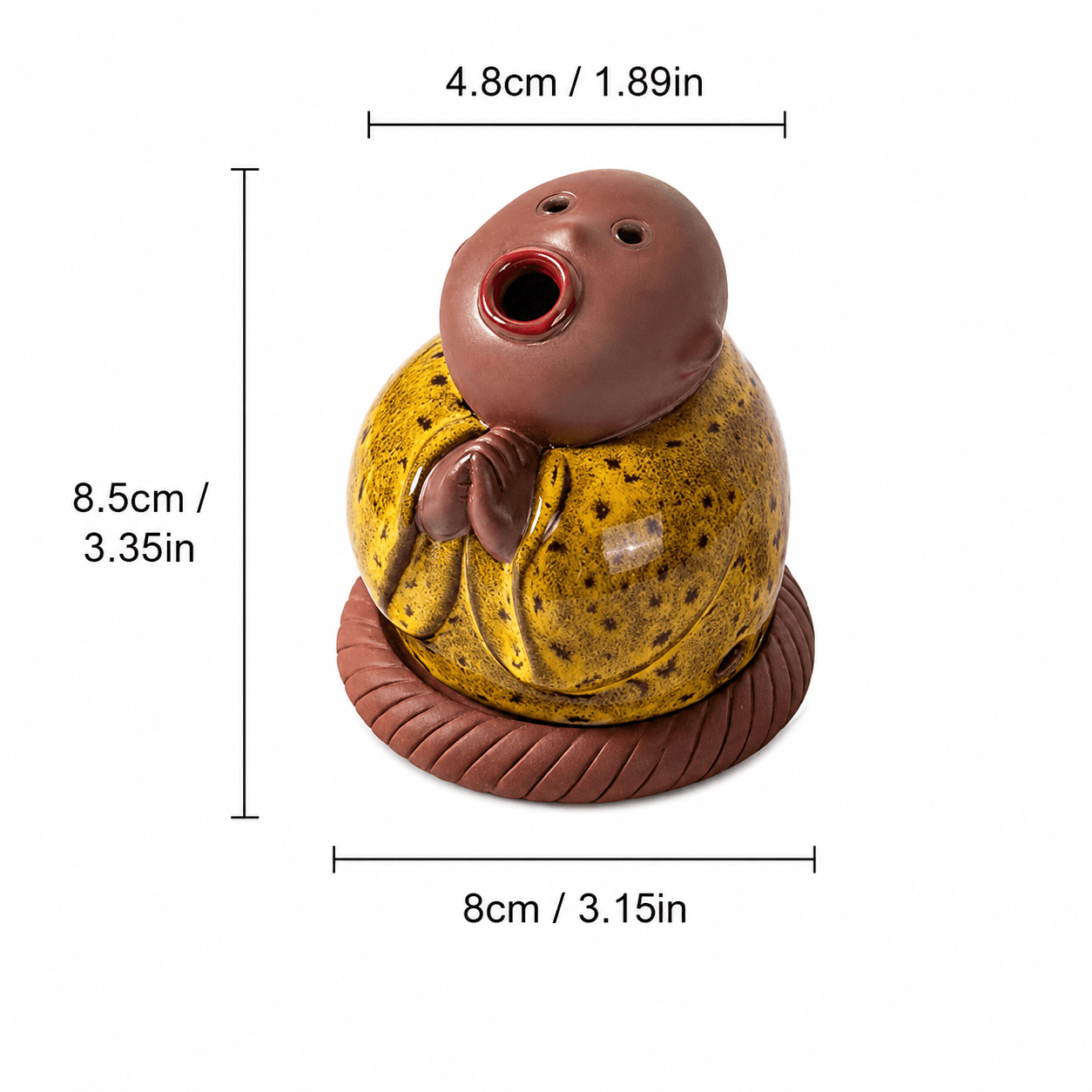 Yellow ceramic monk incense burner with wide open mouth and size dimensions labeled as 3.1in x 3.3in