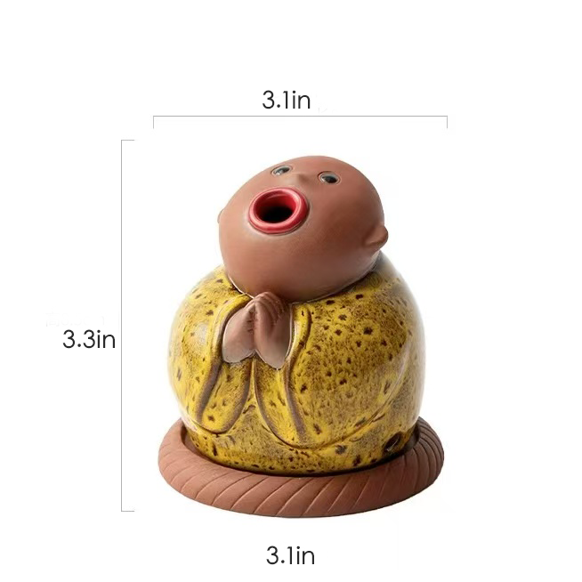 Yellow ceramic monk incense burner with wide open mouth and size dimensions labeled as 3.1in x 3.3in